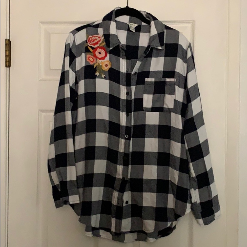 F21 Embroidered Long Sleeve Flannel Shirt